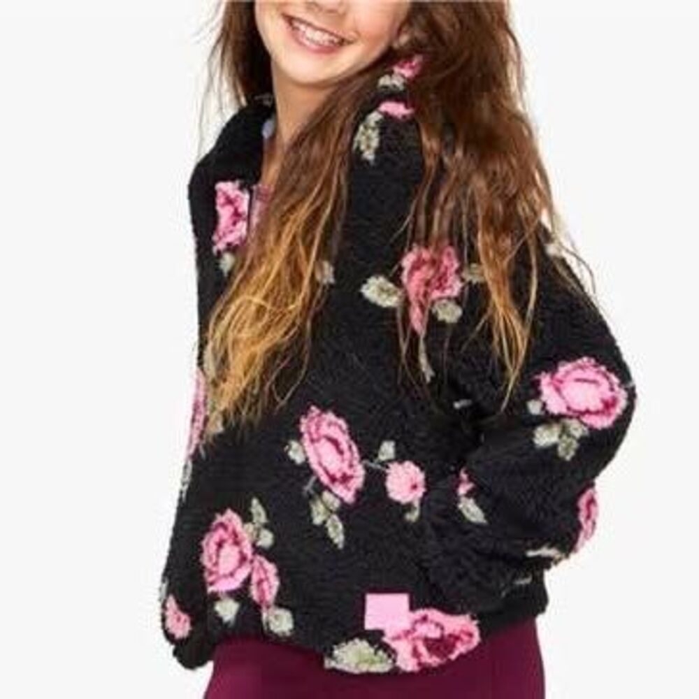Girls justice sherpa hooded quarter zip new black/pink floral size 14